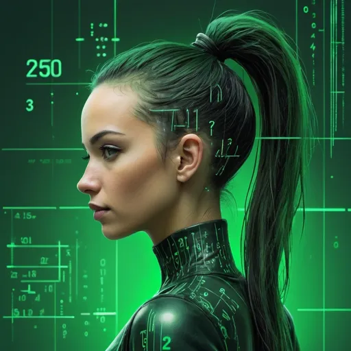 Prompt: a woman with a ponytail standing in front of a green background with numbers and lines on it, and a green background with a woman's head, Cedric Seaut (Keos Masons), computer art, cybernetic, cyberpunk art