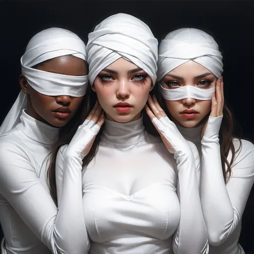 Prompt: three women with blindfolds on their faces and hands around their heads, all wrapped in white fabric, Artgerm, fantasy art, stanley artgerm lau, cyberpunk art