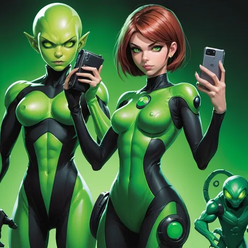 Prompt: A woman in a green Ben 10 Suit holding a camera and a mobile phone and a green alien suit to her left, Artgerm, neogeo, official art, concept art
