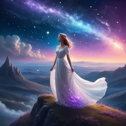 Prompt: a Princess in a white dress is standing on a hill in the sky with stars and a bright light, Dirk Crabeth, space art, space, a storybook illustration