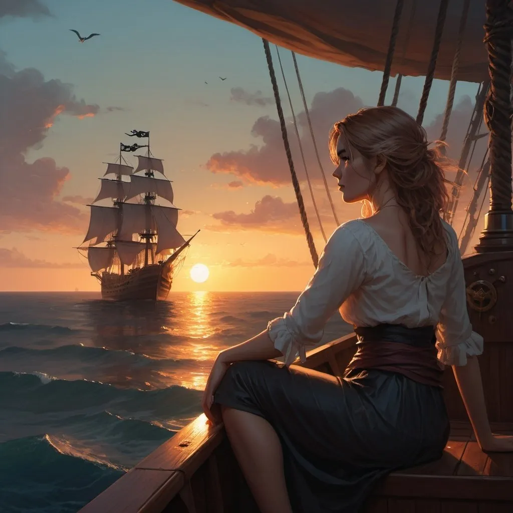 Prompt: a woman sitting on a boat looking at the sunset over the ocean with a pirate ship in the background, Charlie Bowater, fantasy art, cushart krenz, a detailed matte painting