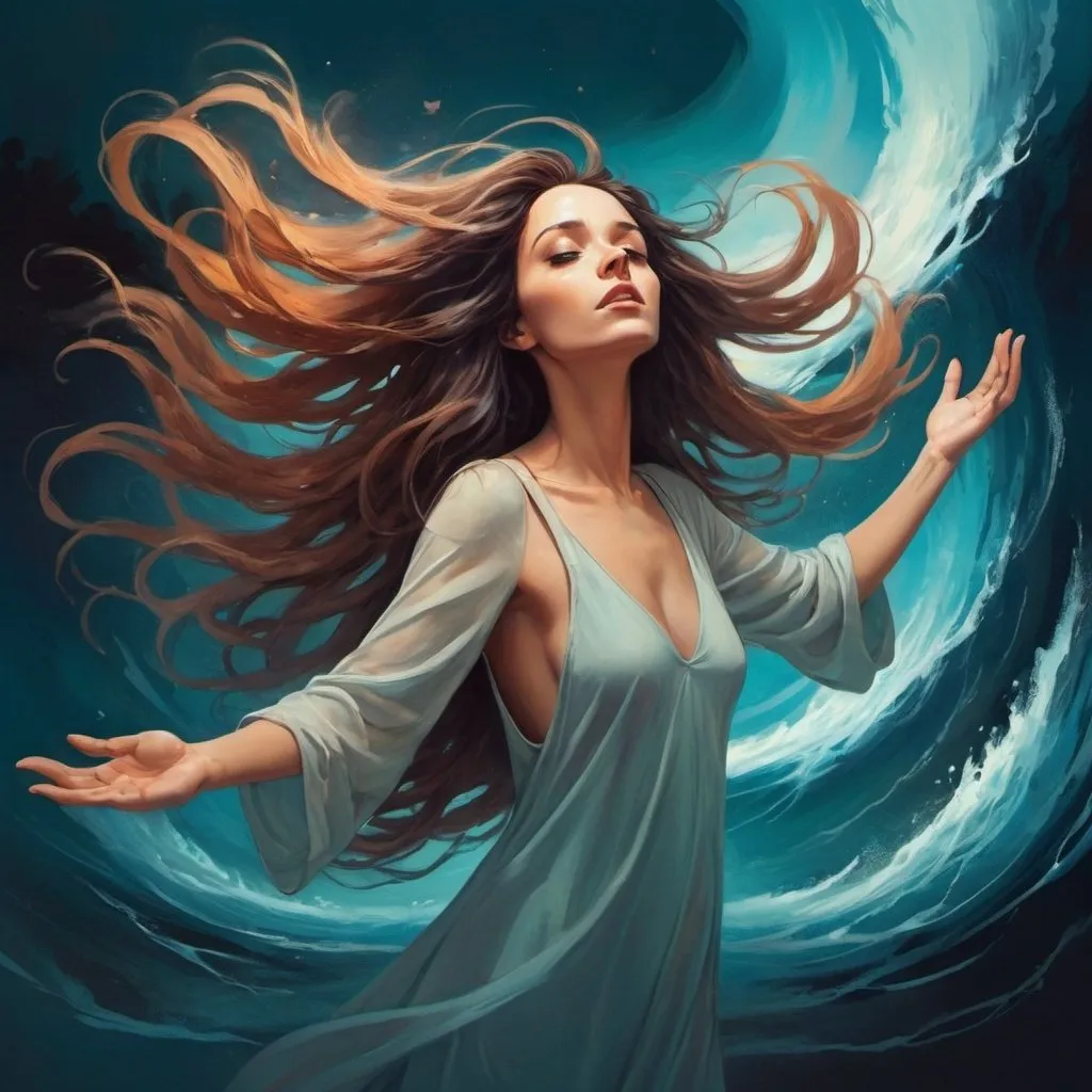 Prompt: a woman with long hair in the air with her hands out to her side, and her hands out to her side, Cyril Rolando, context art, flowing hair, an ultrafine detailed painting