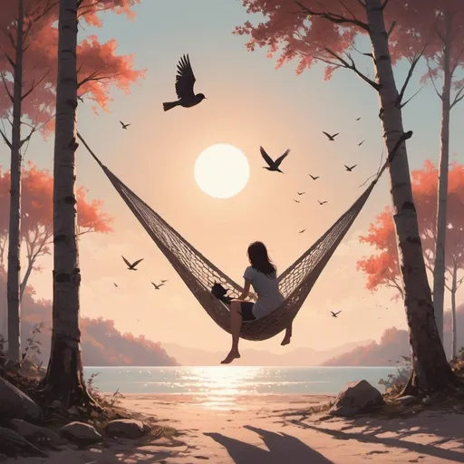 Prompt: a woman sitting in a hammock in the sun with a bird flying overhead behind her and a bird flying above her, Alena Aenami, photorealism, trending on art station, concept art