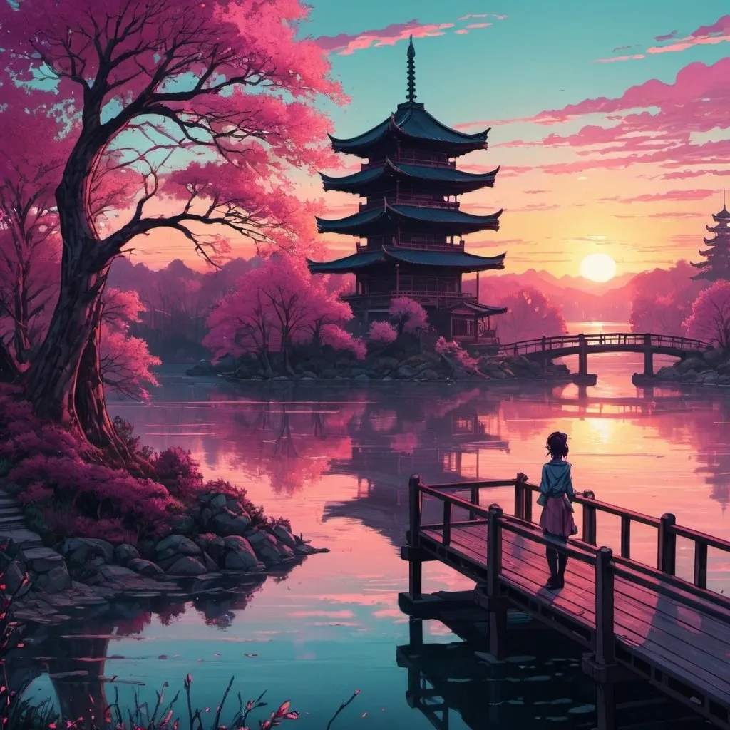 Prompt: a woman standing on a bridge looking at the water and a sunset over a lake with pink trees and a pagoda, Dan Mumford, computer art, anime visual, pixel art