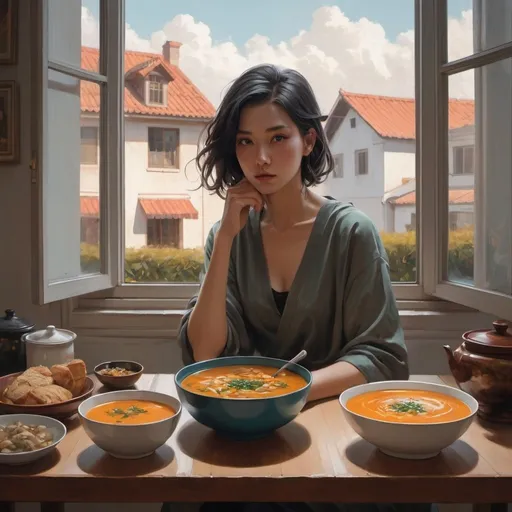 Prompt: a woman sitting at a table filled with food and a bowl of soup in front of her, with a window behind her, Atey Ghailan, aestheticism, stanley artgerm lau, a detailed painting