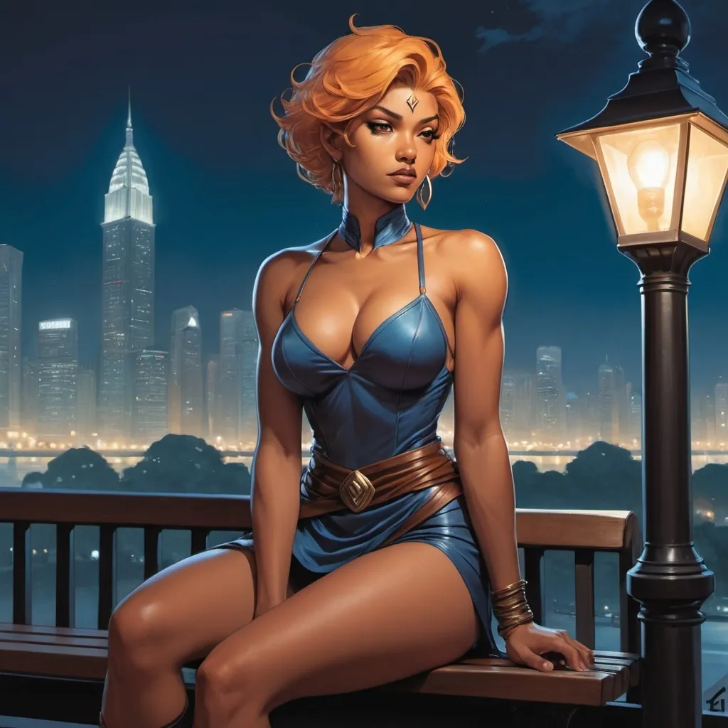 Prompt: Ashoka sitting on a bench in front of a cityscape at night with a lamp post in the background, Artgerm, fantasy art, stanley artgerm lau, a comic book panel