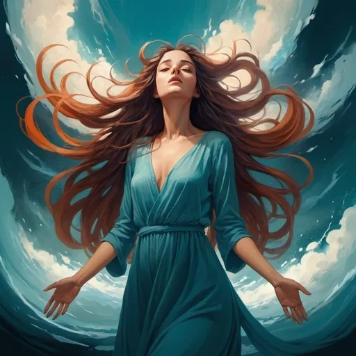 Prompt: a woman with long hair in the air with her hands out to her side, and her hands out to her side, Cyril Rolando, context art, flowing hair, an ultrafine detailed painting