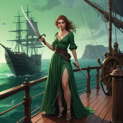 Prompt: a woman in a green dress standing on a boat deck with a sword in her hand and a pirate ship in the background, Charlie Bowater, fantasy art, epic fantasy character art, a detailed painting