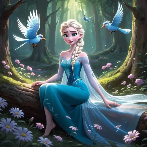 Prompt: Elsa sitting in a forest with flowers and a tree in the background, with a bird flying by, disney, gothic art, rossdraws global illumination, an airbrush painting