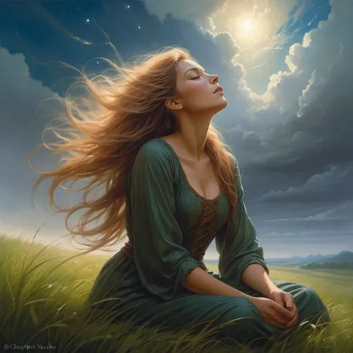 Prompt: a woman sitting in the grass with her eyes closed and her hair blowing in the wind, looking up at the sky, Christophe Vacher, fantasy art, serene, a detailed painting