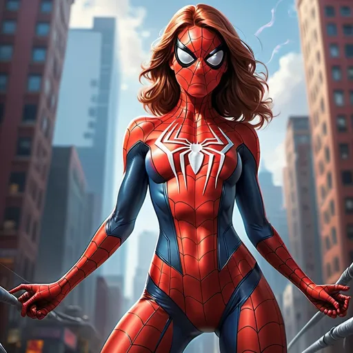 Prompt: a woman in a red suit with a spiderman mask on her chest and a spiderman mask on her chest, Artgerm, fantasy art, stanley artgerm lau, a photorealistic painting