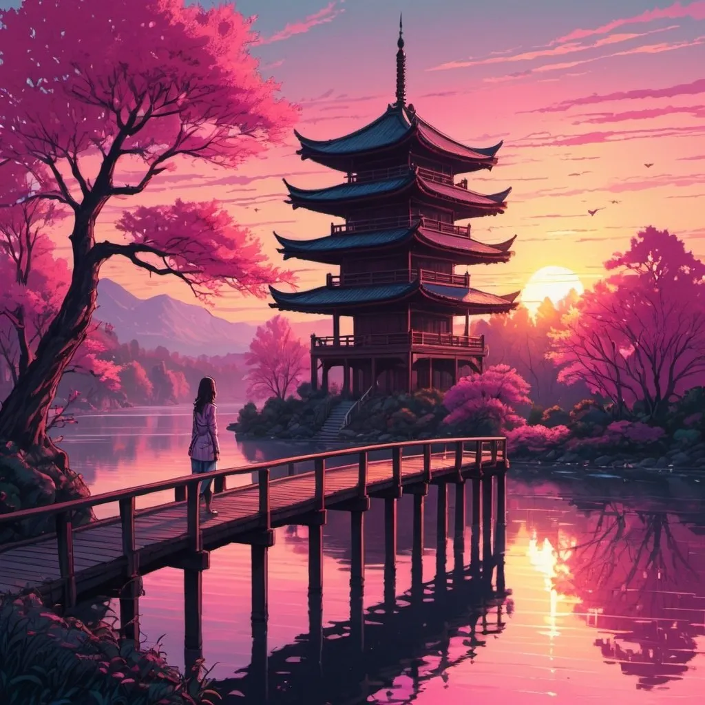 Prompt: a woman standing on a bridge looking at the water and a sunset over a lake with pink trees and a pagoda, Dan Mumford, computer art, anime visual, pixel art