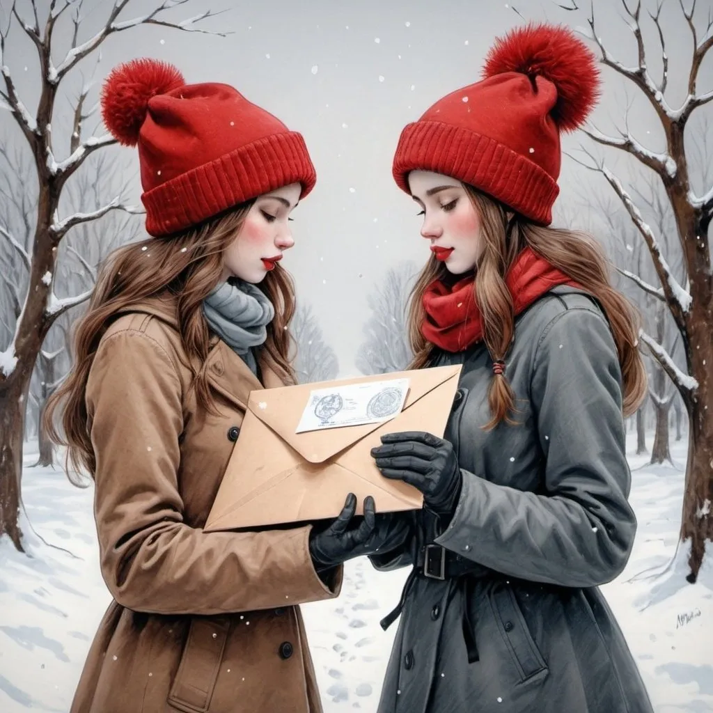 Prompt: two girl standing in the snow with a envelope in their hands and a red hat on their head,, Bálint Kiss, neo-romanticism, snow, a detailed drawing