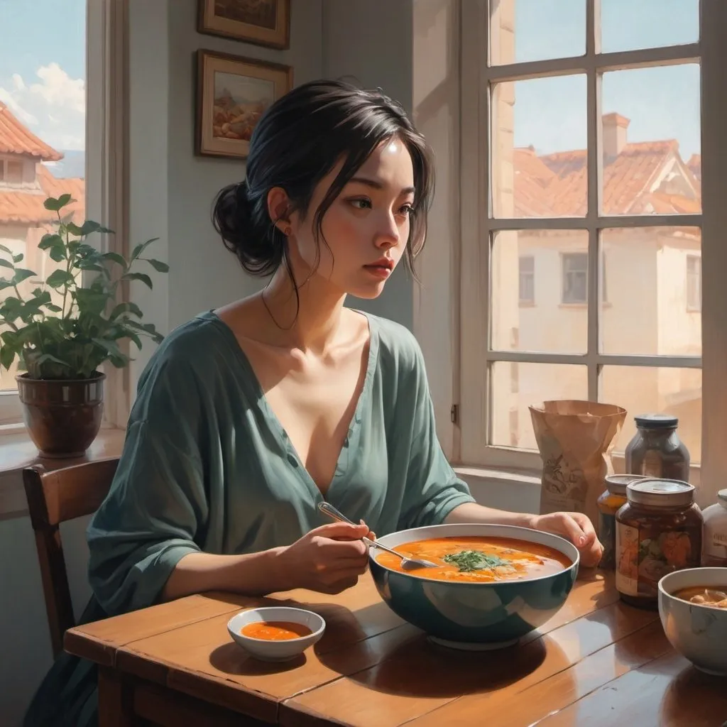 Prompt: a woman sitting at a table filled with food and a bowl of soup in front of her, with a window behind her, Atey Ghailan, aestheticism, stanley artgerm lau, a detailed painting