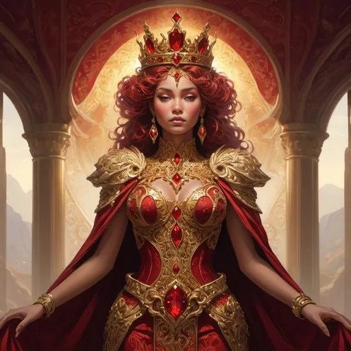 Prompt: a woman in a red and gold costume with a crown on her head and a red and gold belt, Andor Basch, fantasy art, official art, concept art