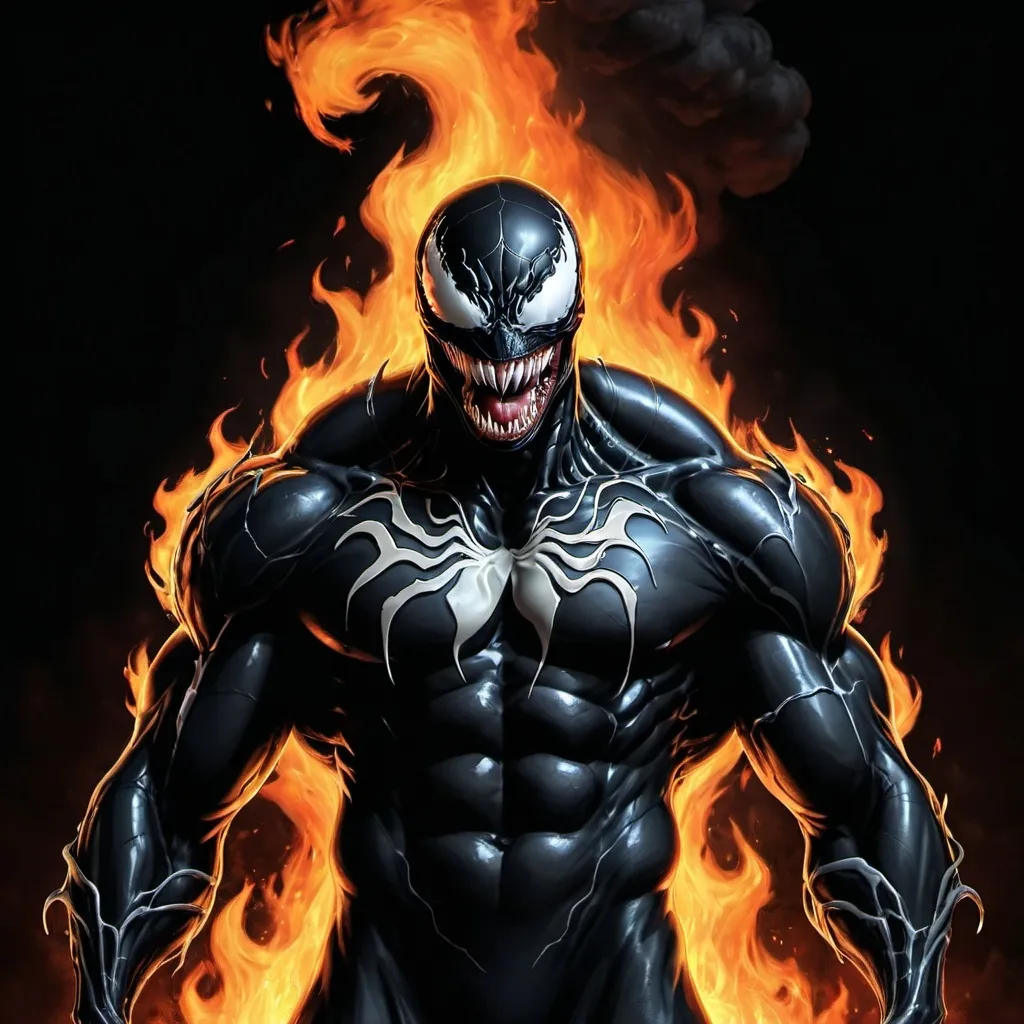 Prompt: Venom standing in front of a fire background with a black background and a black background, Eddie Mendoza, sots art, ultra realistic digital art, concept art