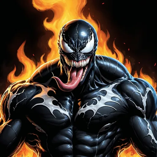 Prompt: Venom standing in front of a fire background with a black background and a black background, Eddie Mendoza, sots art, ultra realistic digital art, concept art