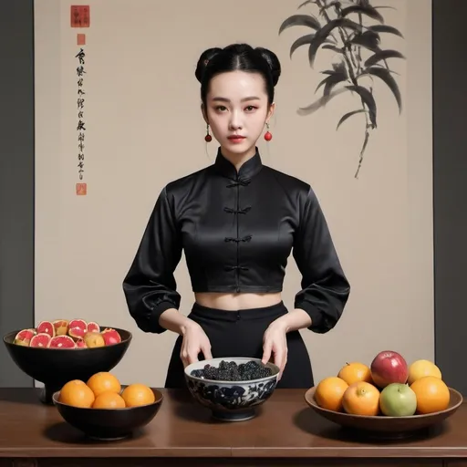 Prompt: a woman in a black outfit standing in front of a bowl of fruit and a bowl of fruit on a table, Du Qiong, aestheticism, official art, a character portrait