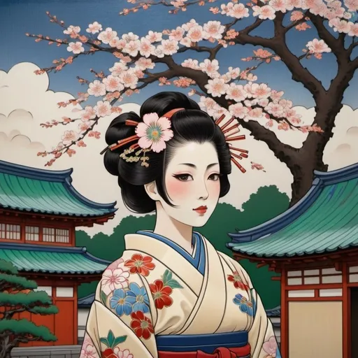 Prompt: a woman in a kimono with flowers on her head and a tree in the background with a building, Chizuko Yoshida, cloisonnism, beautiful detailed, a detailed painting