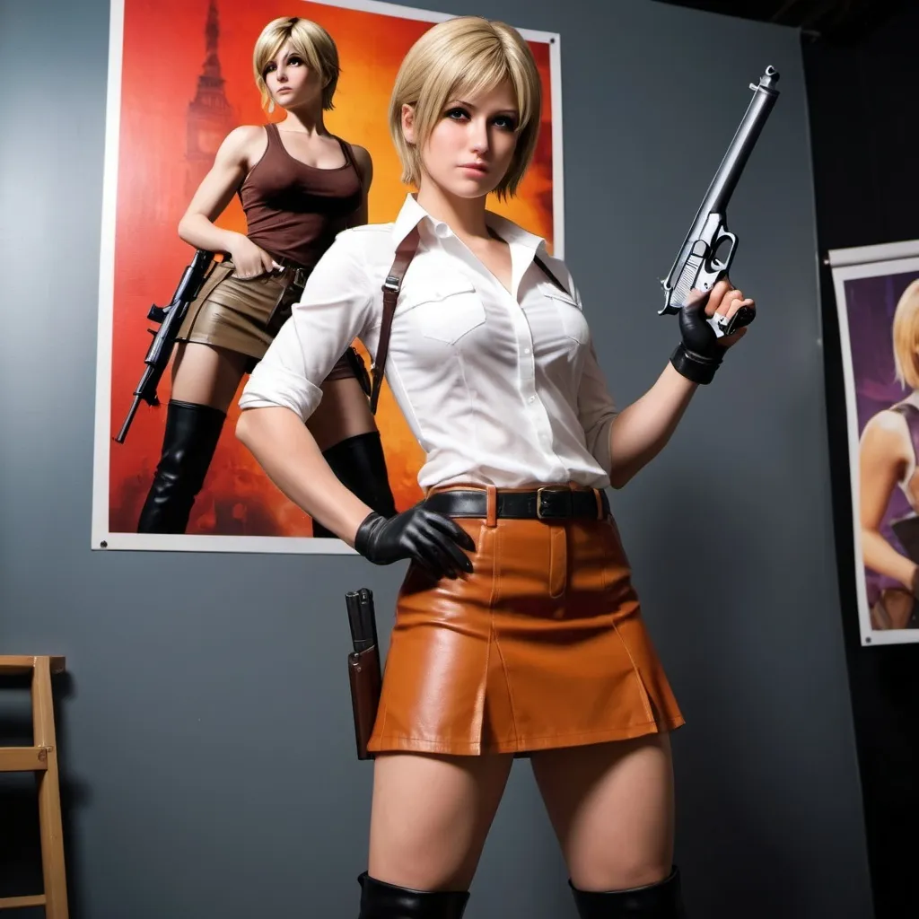 Prompt: Sherry Birkin in a short skirt and boots standing next to a poster of a woman with a gun on her shoulder, Ada Hill Walker, photorealism, cosplay, concept art