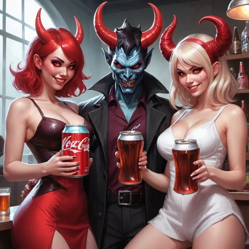 Prompt: two women in costumes holding a can of soda and a cup of beer with a devil on it, and a demon on the side, Artgerm, furry art, official art, concept art