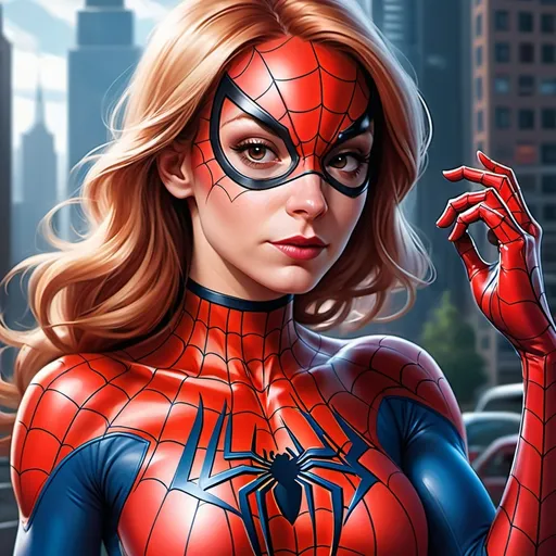 Prompt: a woman in a red suit with a spiderman mask on her chest and a spiderman mask on her chest, Artgerm, fantasy art, stanley artgerm lau, a photorealistic painting