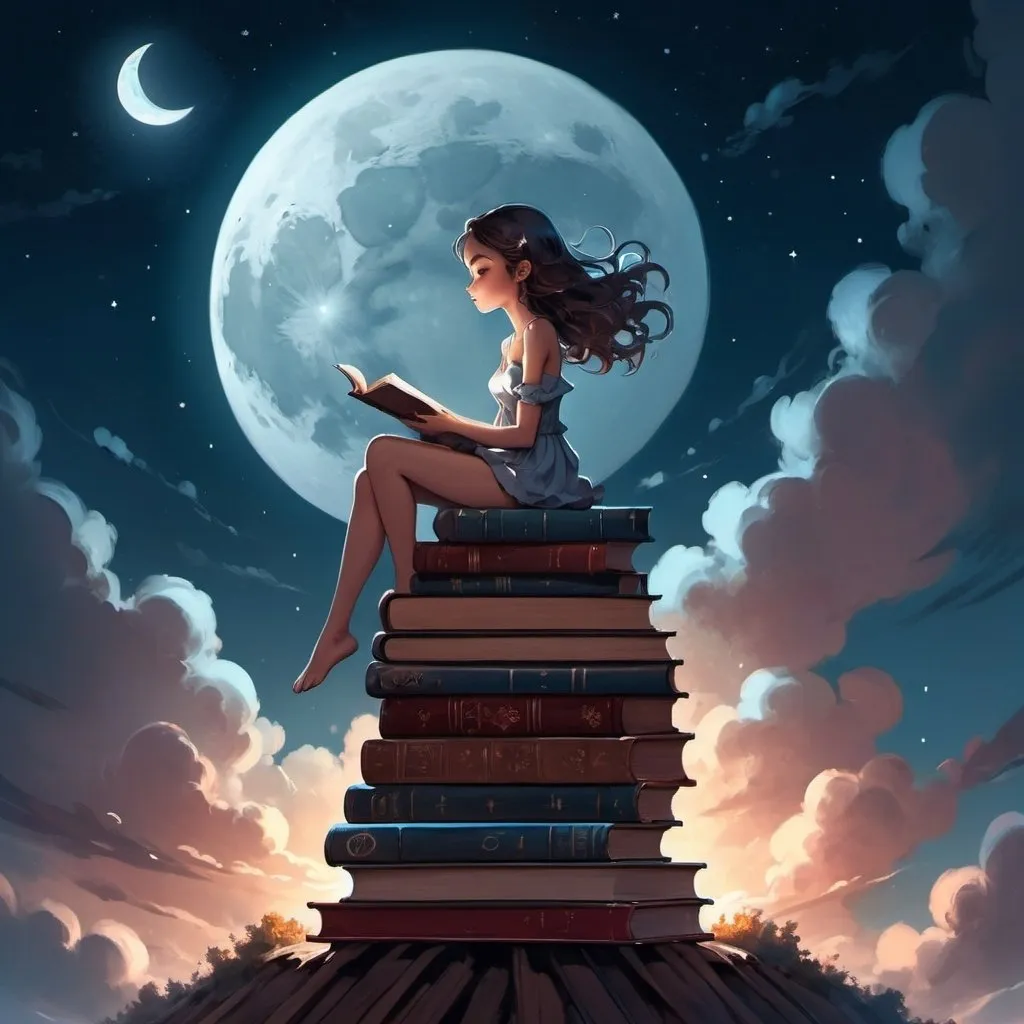 Prompt: a girl sitting on top of a stack of books under a full moon with clouds and stars above her, Cyril Rolando, fantasy art, anime art, a storybook illustration