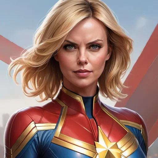 Prompt: Charlize Theron as Captain Marvel Artgerm, computer art, stanley artgerm lau, a detailed painting