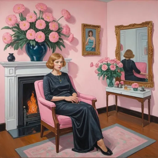 Prompt: a woman sitting in a chair in a room with flowers and a mirror on the wall behind her is a pink flower, Evelyn Abelson, remodernism, official art, a detailed painting