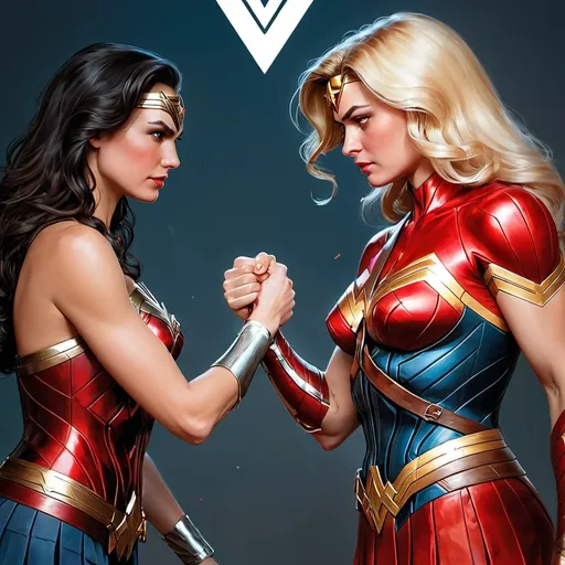 Prompt: Wonder Woman and Captain Marvel Handshake  Artgerm, computer art, stanley artgerm lau, a detailed painting