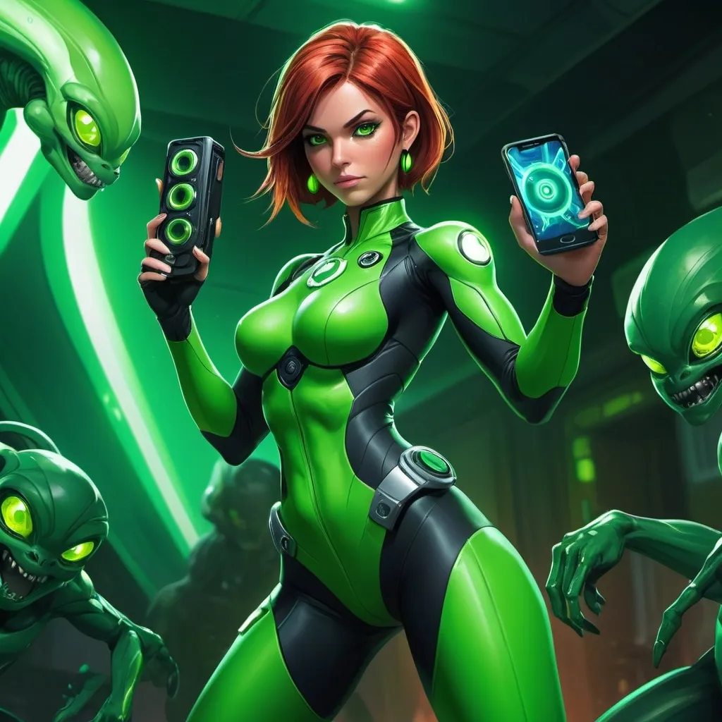 Prompt: A woman in a green Ben 10 Suit holding a camera and a mobile phone and a green alien suit to her left, Artgerm, neogeo, official art, concept art
