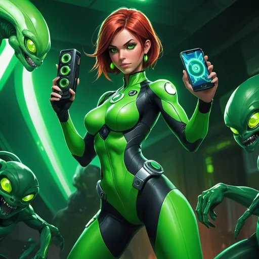 Prompt: A woman in a green Ben 10 Suit holding a camera and a mobile phone and a green alien suit to her left, Artgerm, neogeo, official art, concept art
