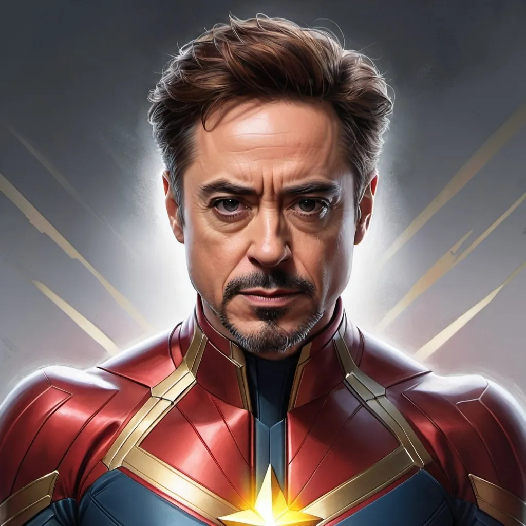 Prompt: Robert Downey Jr. as Captain Marvel Artgerm, computer art, stanley artgerm lau, a detailed painting