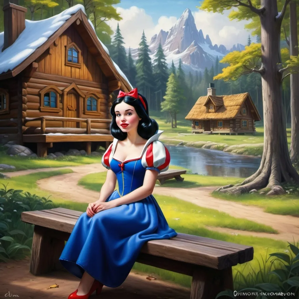 Prompt: Disney Snow White sitting on a bench in a forest with a cabin in the background and a cabin in the background, Elina Karimova, fantasy art, enchanting, a photorealistic painting