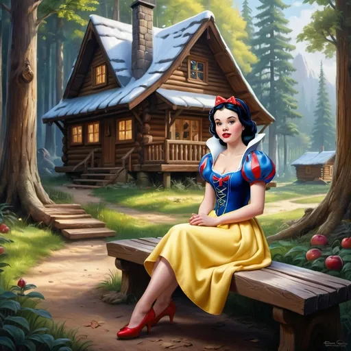 Prompt: Disney Snow White sitting on a bench in a forest with a cabin in the background and a cabin in the background, Elina Karimova, fantasy art, enchanting, a photorealistic painting