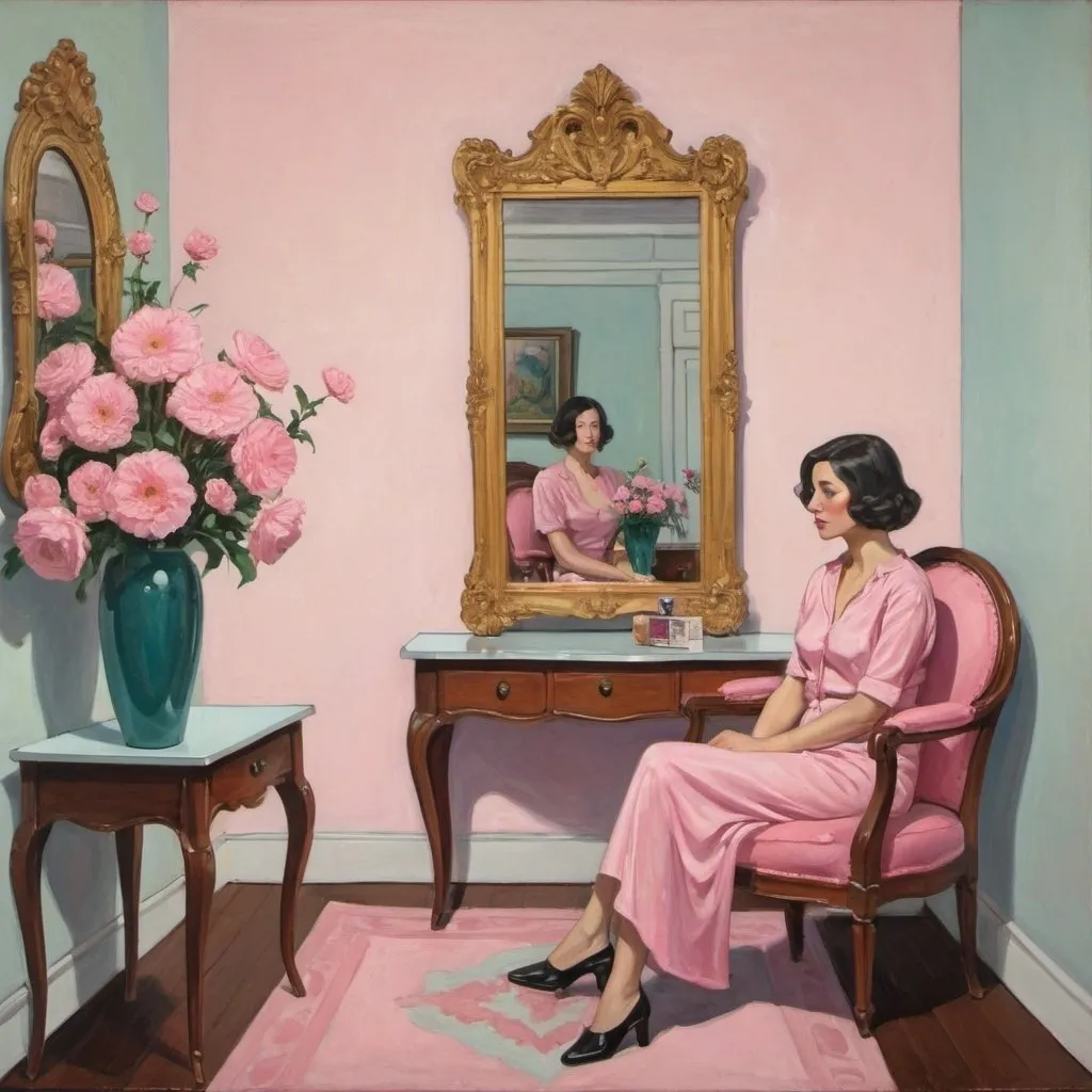 Prompt: a woman sitting in a chair in a room with flowers and a mirror on the wall behind her is a pink flower, Evelyn Abelson, remodernism, official art, a detailed painting