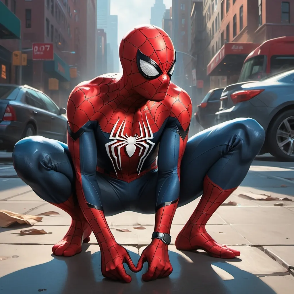 Prompt: a spider man crouching down on the ground with his hands in his pockets and his face in his hands, Artgerm, digital art, stanley artgerm lau, poster art