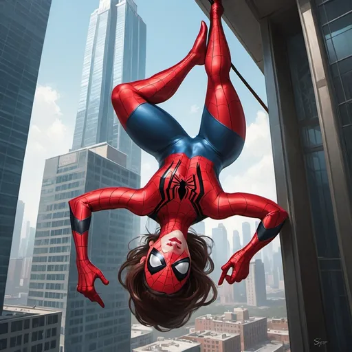 Prompt: a spiderwoman hanging upside down from a building in a city with skyscrapers in the background and a spiderman hanging upside down from a building, Artgerm, sots art, stanley artgerm lau, poster art