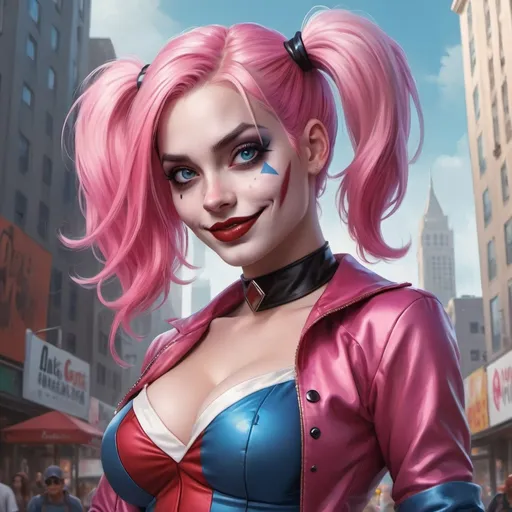 Prompt: Harley Quinn in a costume with a pink hair and blue eyes is posing for a picture in a city, Artgerm, fantasy art, stanley artgerm lau, a digital painting