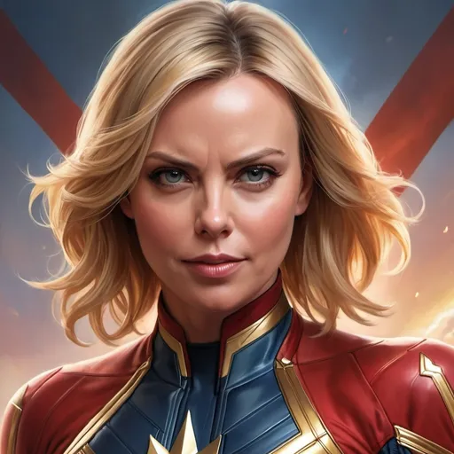 Prompt: Charlize Theron as Captain Marvel Artgerm, computer art, stanley artgerm lau, a detailed painting