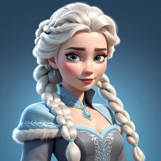 Prompt: a cartoon Elsa with long white hair and a braid in her hair, wearing a gray dress and a fur collar, Elisabeth Collins, sots art, animated, concept art