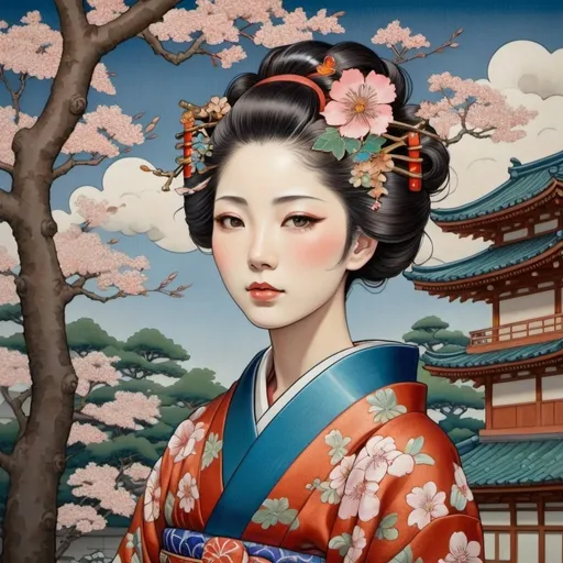 Prompt: a woman in a kimono with flowers on her head and a tree in the background with a building, Chizuko Yoshida, cloisonnism, beautiful detailed, a detailed painting