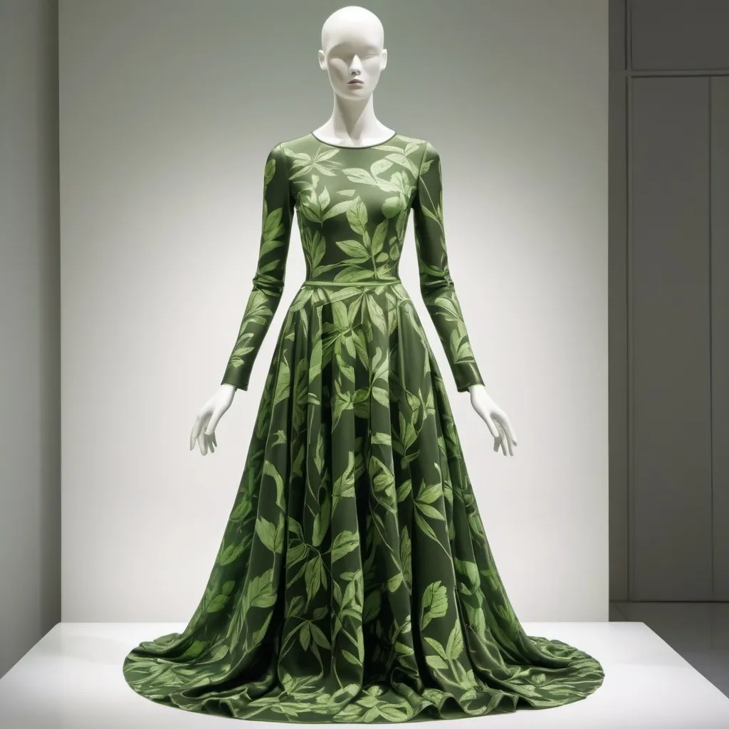 Prompt: a green plant dress with leaves on it and a long sleeved top on a mannequin dummyequin, Alexander McQueen, neo-romanticism, green, a silk screen