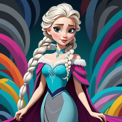 Prompt: a cartoon Elsa with long white hair and a braid in her hair, wearing a gray dress and a fur collar, Elisabeth Collins, sots art, animated, concept art