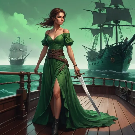 Prompt: a woman in a green dress standing on a boat deck with a sword in her hand and a pirate ship in the background, Charlie Bowater, fantasy art, epic fantasy character art, a detailed painting