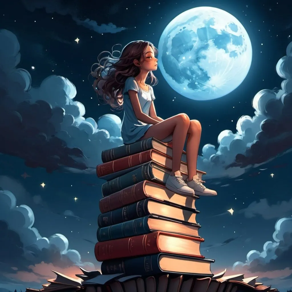 Prompt: a girl sitting on top of a stack of books under a full moon with clouds and stars above her, Cyril Rolando, fantasy art, anime art, a storybook illustration