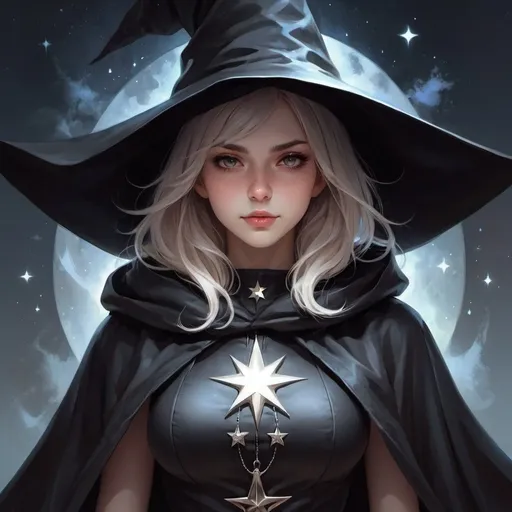 Prompt: a girl wearing a witches hat and a black cloak with stars on it's head and a black cloak over her head, Artgerm, fantasy art, anime art, a character portrait