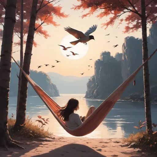 Prompt: a woman sitting in a hammock in the sun with a bird flying overhead behind her and a bird flying above her, Alena Aenami, photorealism, trending on art station, concept art