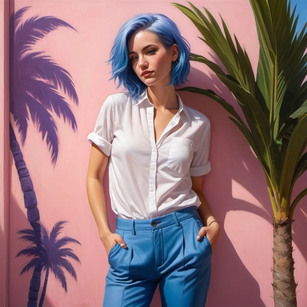 Prompt: a woman with blue hair and a white shirt and blue pants leaning against a pink wall with a palm tree, Art Frahm, fantasy art, rossdraws global illumination, a photorealistic painting