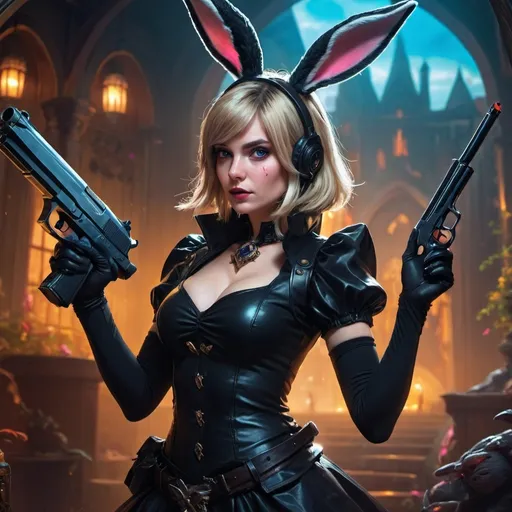 Prompt: a woman in a black outfit with a gun and a rabbit ears on her head and a gun in her hand, Alice Prin, fantasy art, league of legends splash art, a character portrait